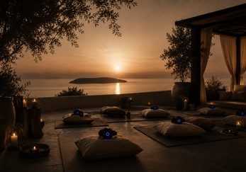 Sonnenuntergang über dem Meer mit Kissen für ein Retreat